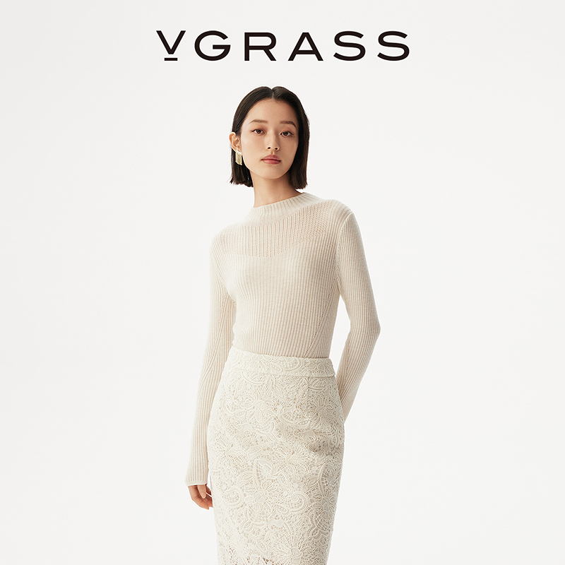 VGRASS亮片镂空针织衫25秋冬新款柔软羊毛混纺修身女装VZZ4Q4507E
