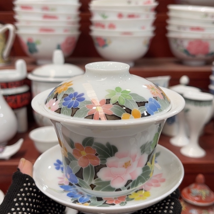 陶瓷醴陵手绘釉下五彩作品盖碗，150毫升2等