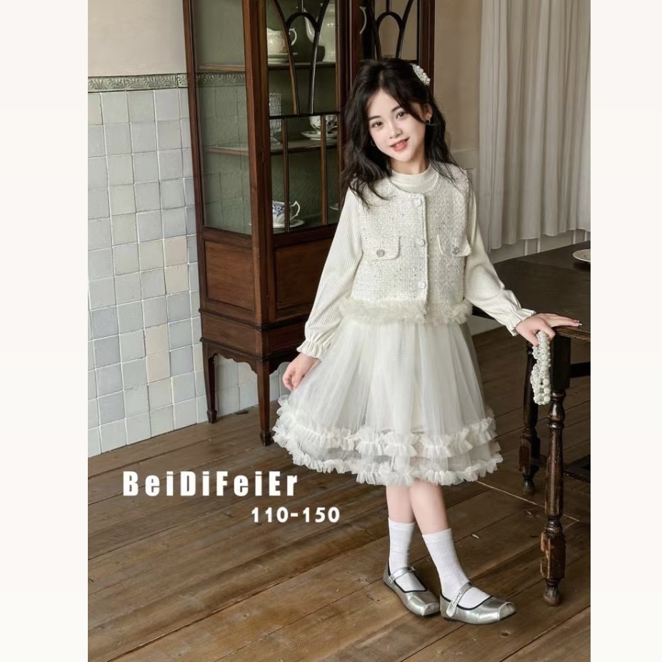 春秋秋冬白色童装秋季女洋气小香风半身裙纯色套装儿童马甲两件套