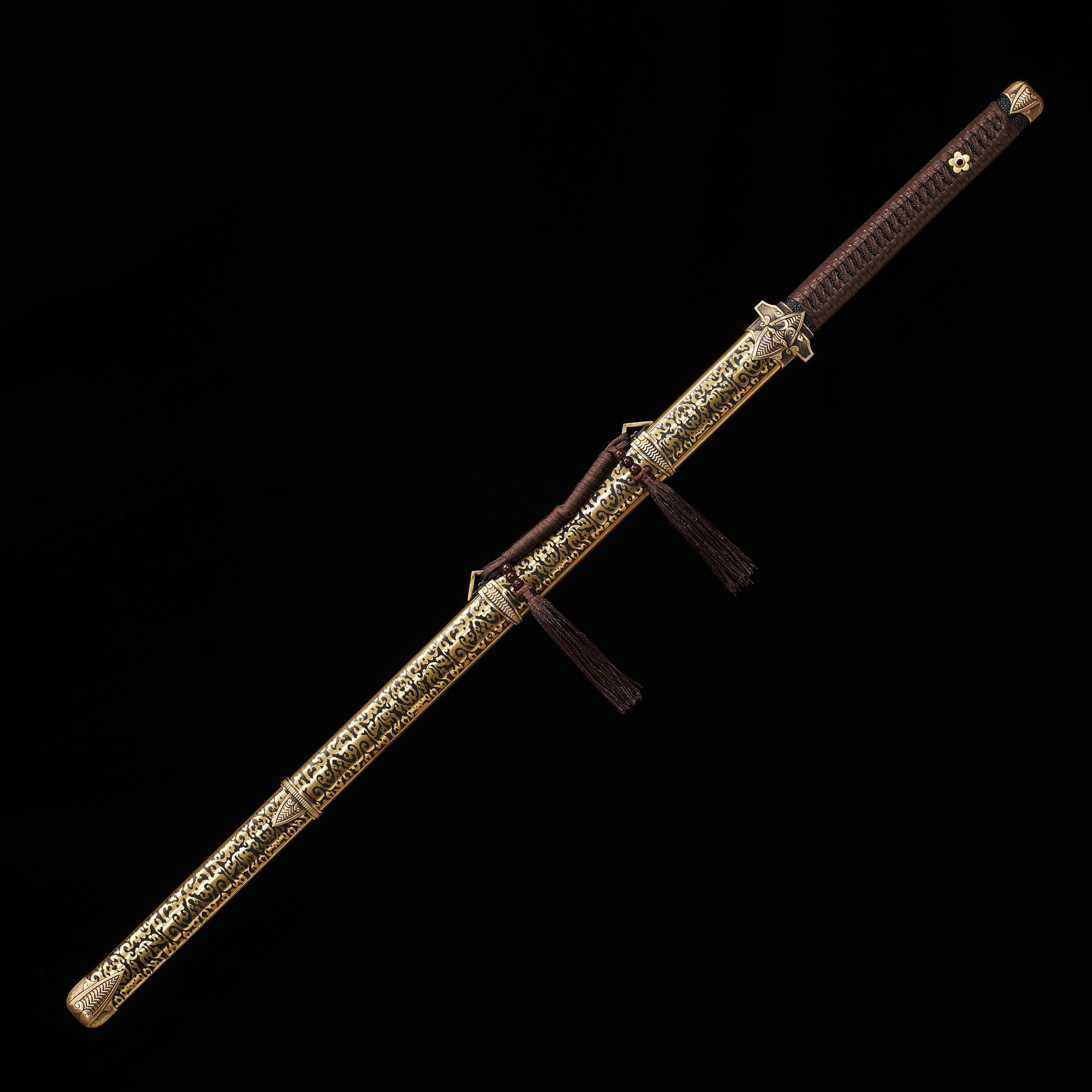 新疆专场【问蝉铜鞘款唐刀】百炼花纹钢  黄铜  未开刃  摆件  