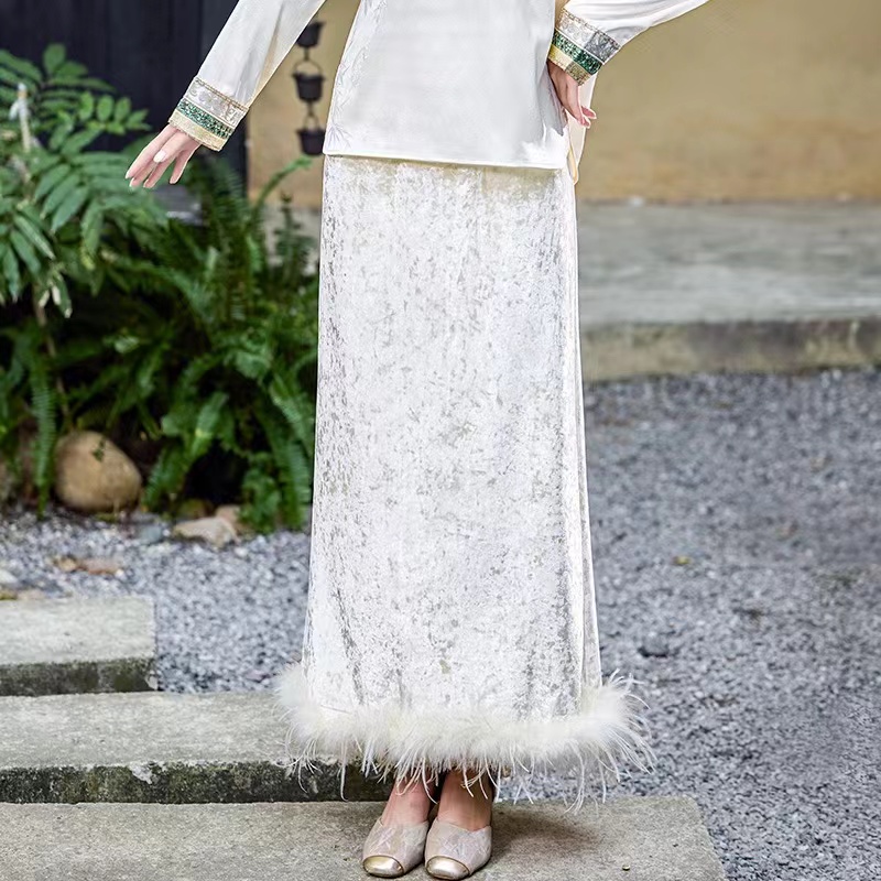  新中式国风松紧腰提花刺绣气质百搭长款半身裙半裙秋冬上新3003