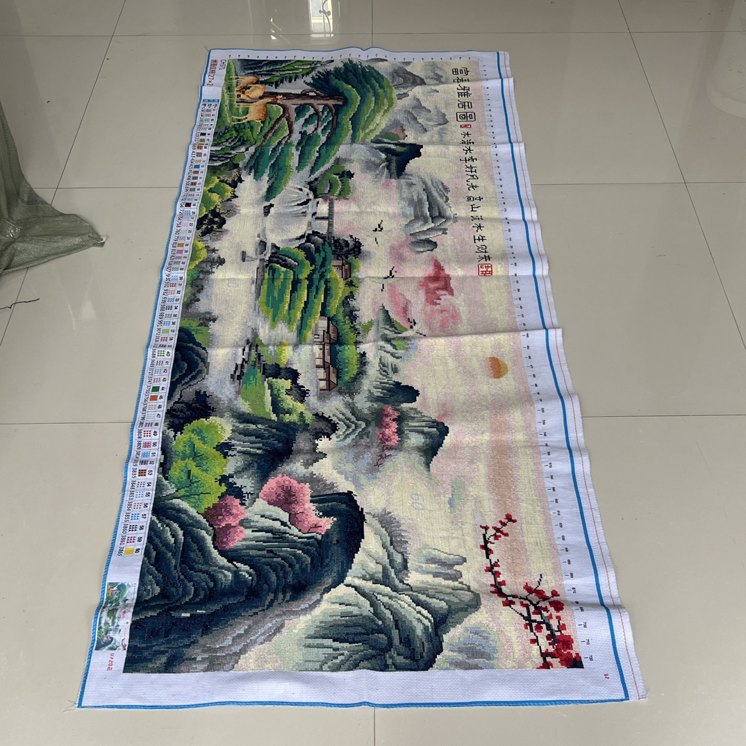 新中式纯手工的十字绣成品富春雅居图流水生财聚宝盆山水装饰挂画