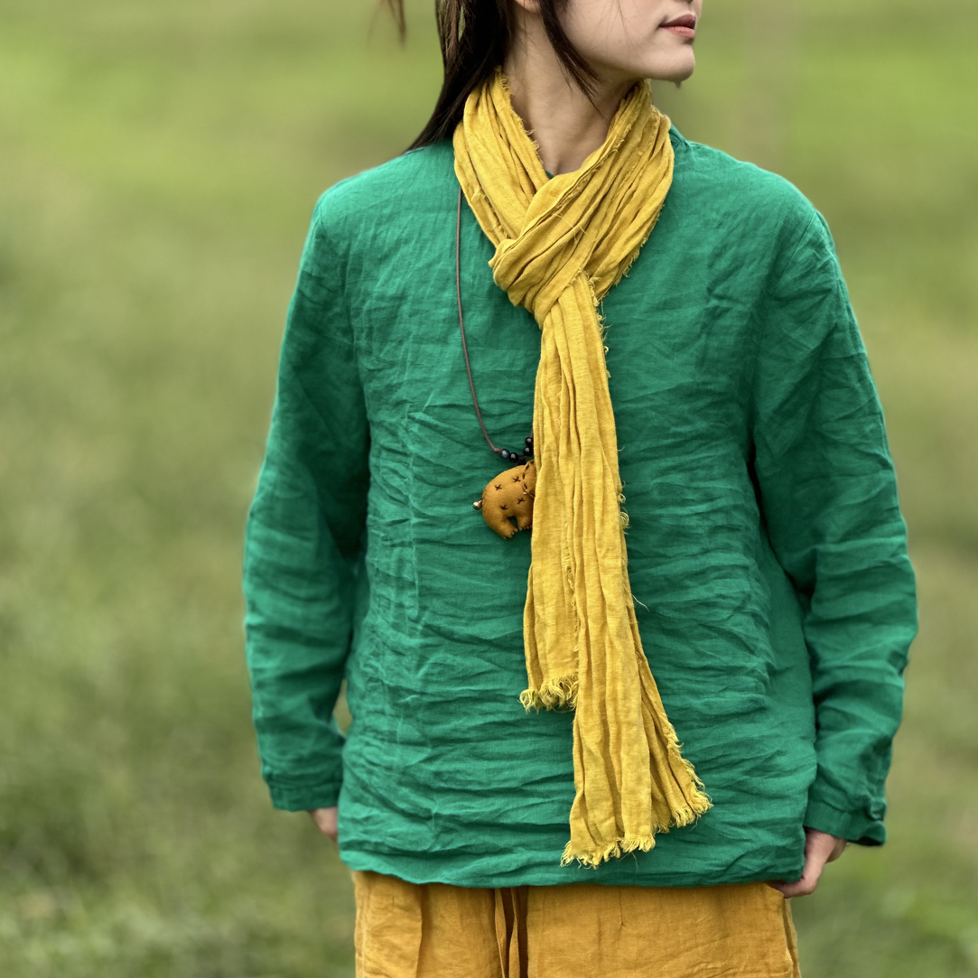 周周布衣/一粒扣/砂洗亚麻双层立领女宽松型长袖复古休闲中国风