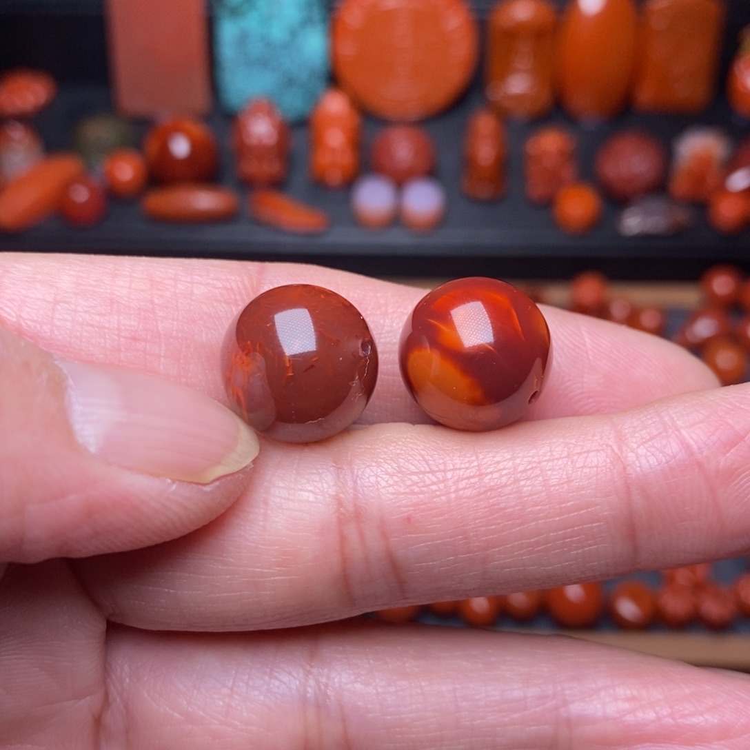 南红玛瑙玫瑰红火焰纹14.2对珠未镶嵌