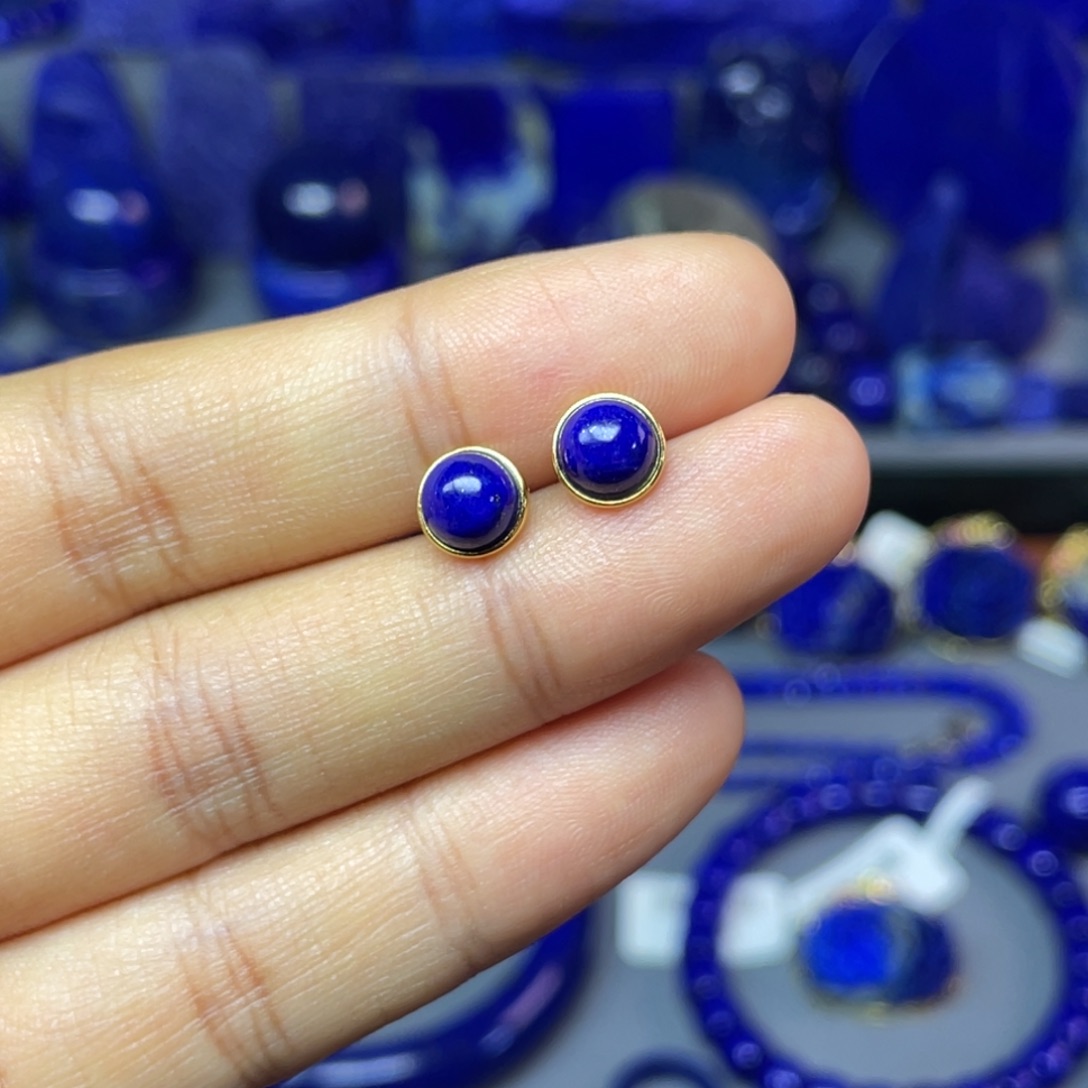 青金石银S925镀金镶嵌7mm耳饰