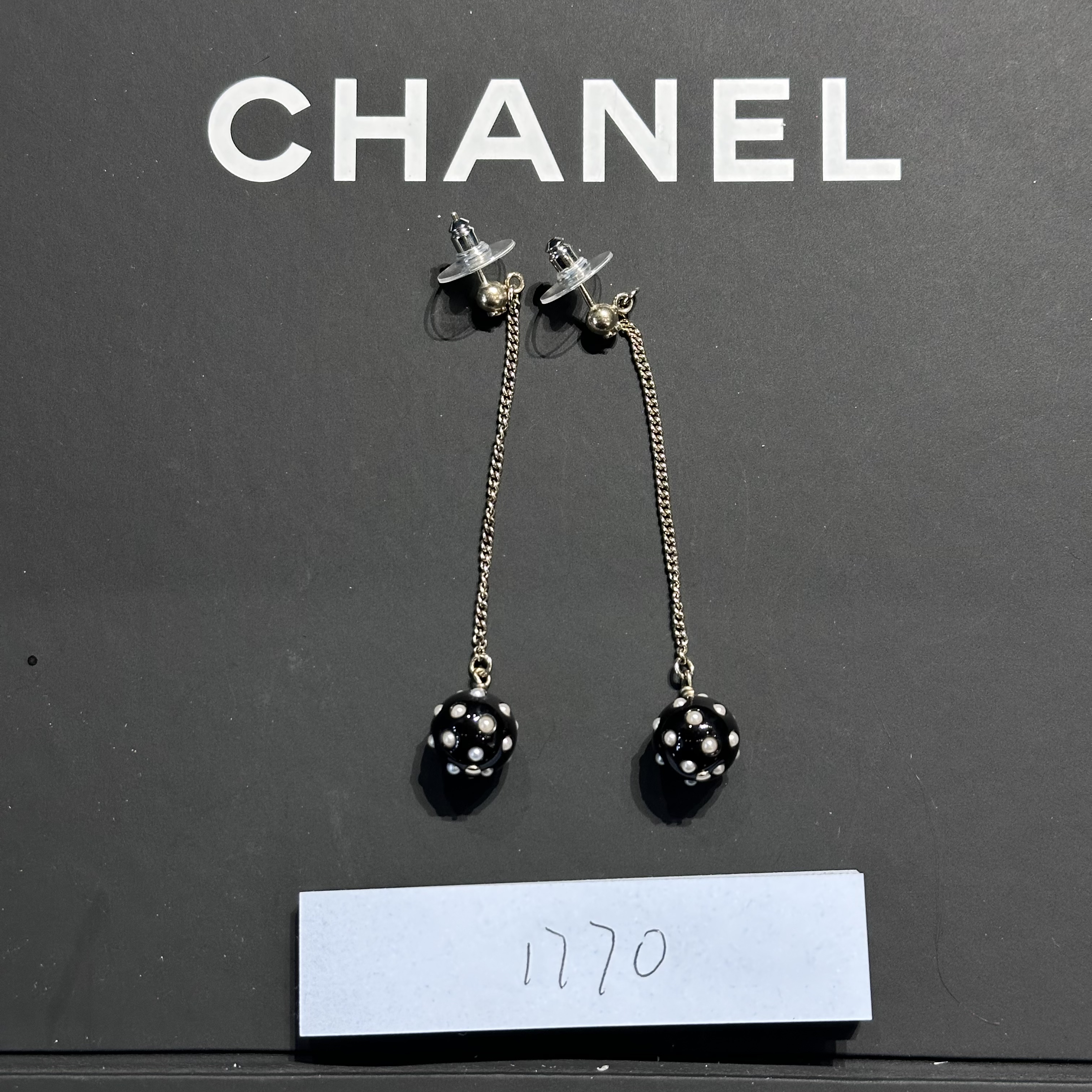 95新 Chanel/香奈儿 夏七中古/黑骰子镶钻链条双c长耳钉/1770