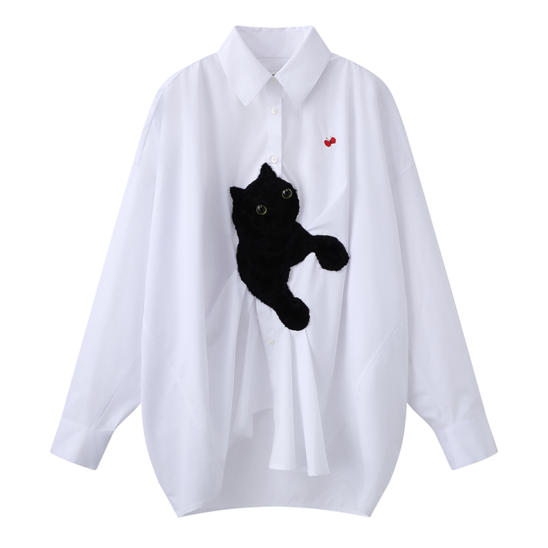 春季新款猫咪捉蝴蝶趣味宽松休闲衬衫上衣【特 8009】