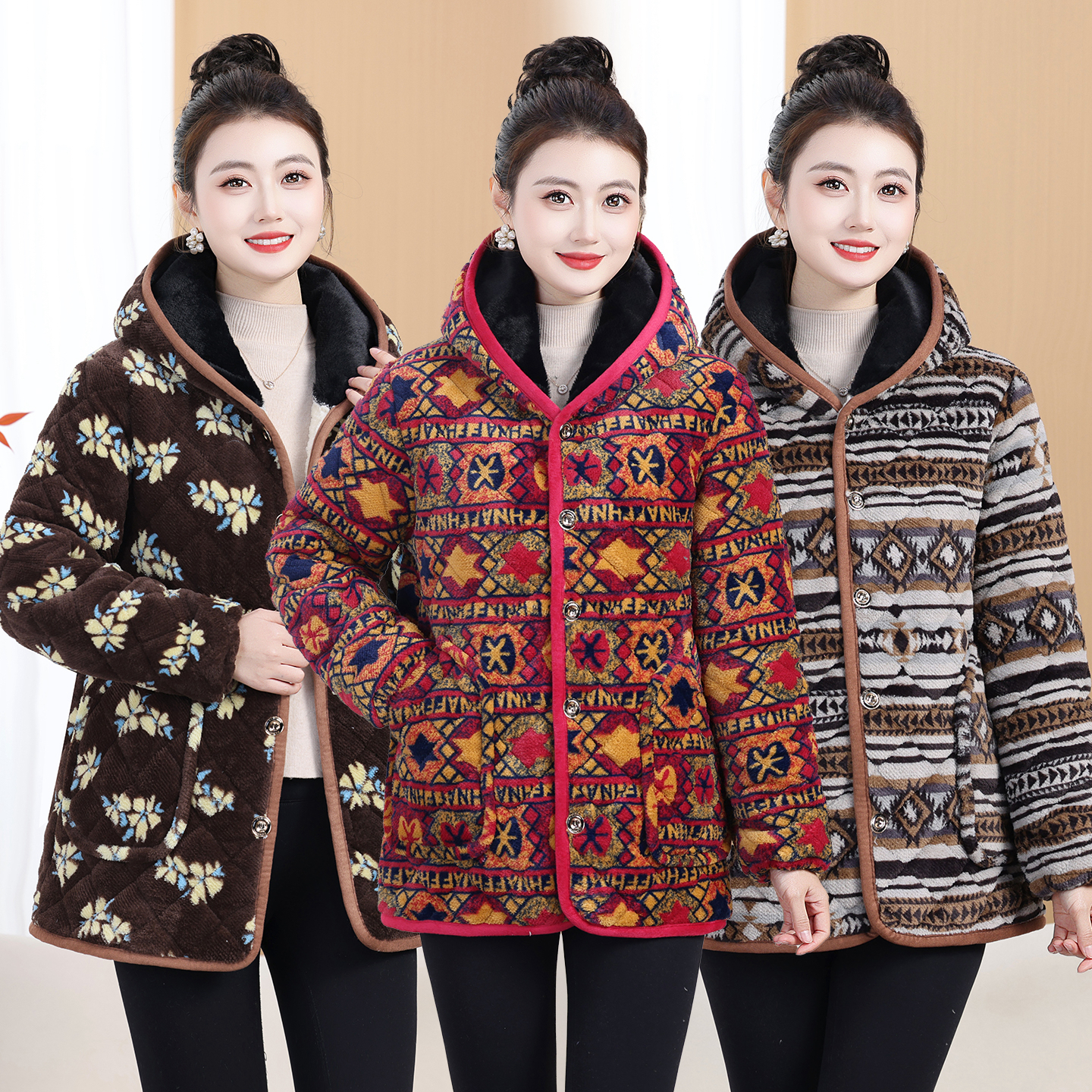 三层加绒特厚短款连帽保暖中老年妈妈装棉服外套棉袄冬季