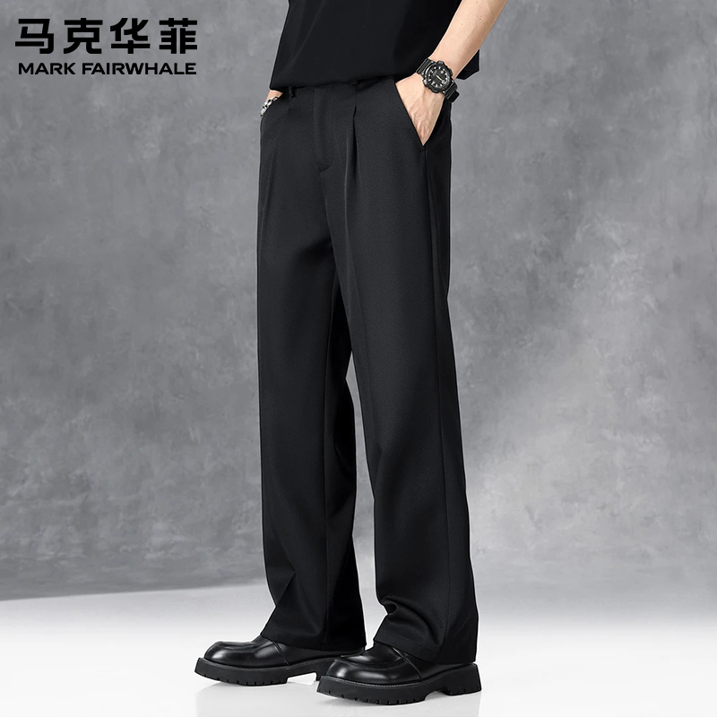 马克华菲高级感阔腿弯刀西裤男士秋冬季新款宽松垂感黑色休闲裤子