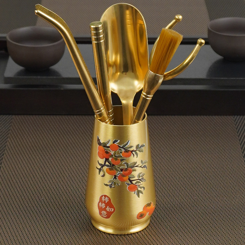 黄铜茶道六君子功夫茶具配件茶夹茶刀茶洗镊柿柿茶道6君子套装