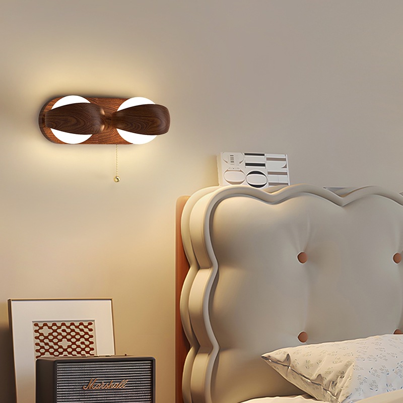 创意圆球壁灯胡桃木色家用客厅房间床头灯中古简约风卧室书房壁灯