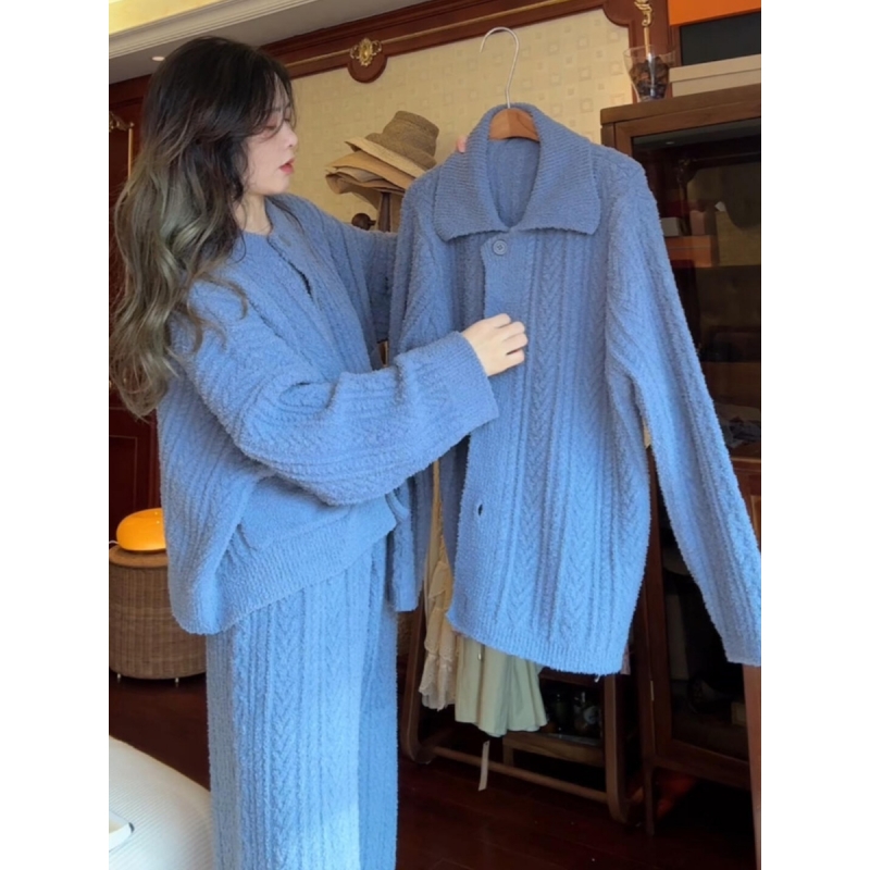 复古重工提花针织半边绒睡衣女秋冬加厚开衫外套家居服套装可外穿