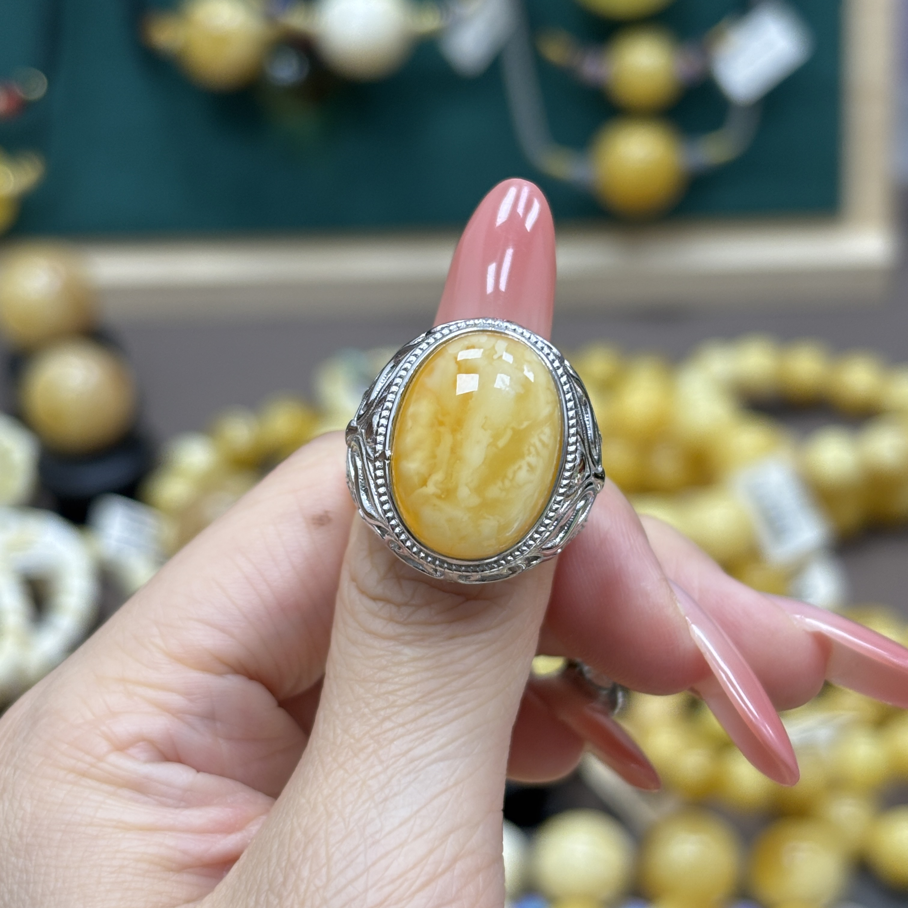 s925银镶嵌戒指·小妖珠宝天然原矿琥珀蜜蜡