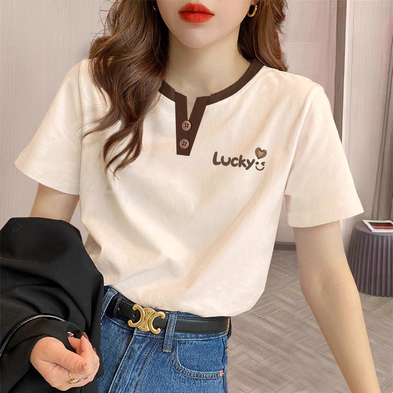 女装多色半袖上衣2025年夏季新款印花圆领潮流T百搭设计感纯色T恤