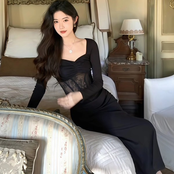 法式复古轻奢V领收腰性感连衣裙 以直播间为准