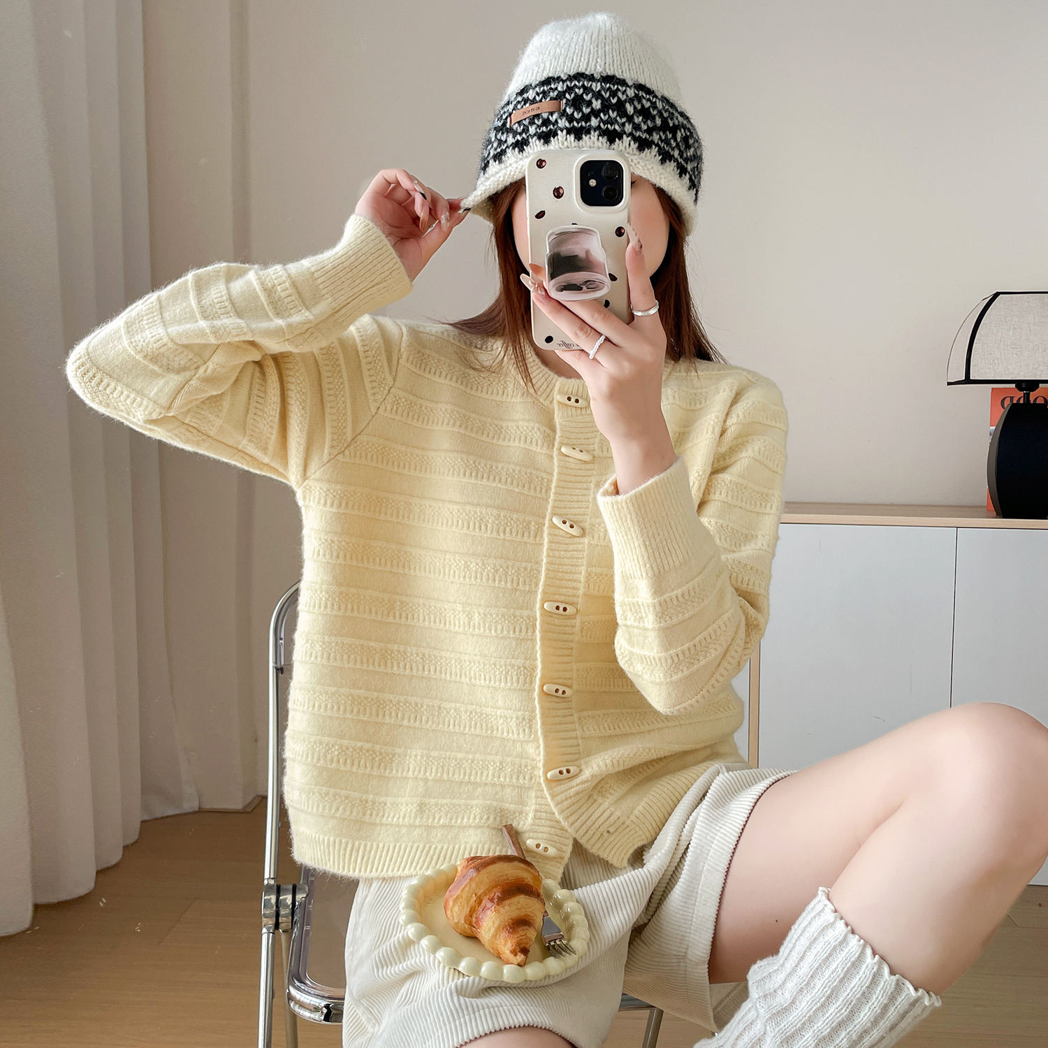 苏醒的乐园冬季新款开衫女立体条纹SXMY53269圆领针织衫毛衣