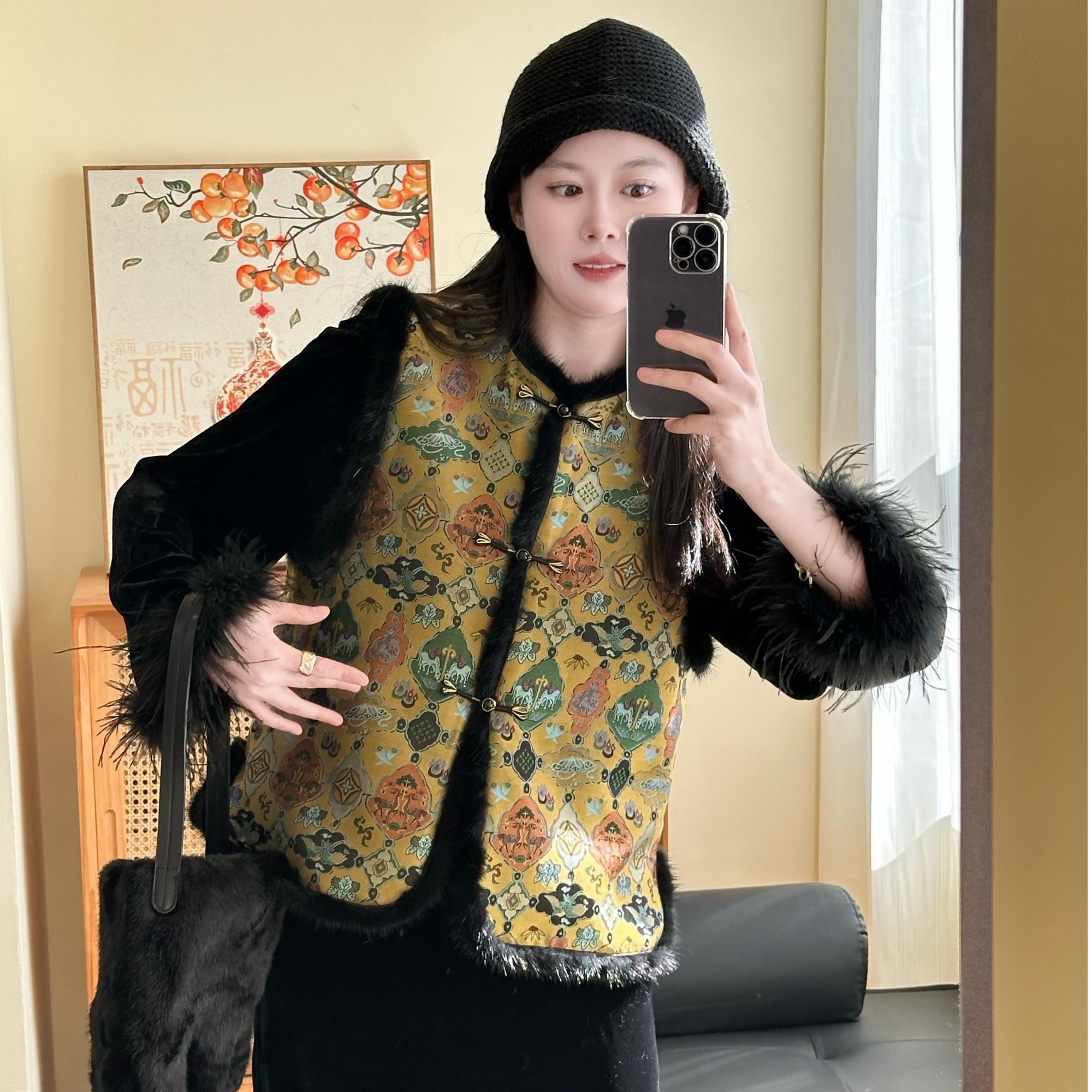 老钱金桑蚕丝丝绵水貂毛马甲国风高级新中式穿搭高级感金色加厚