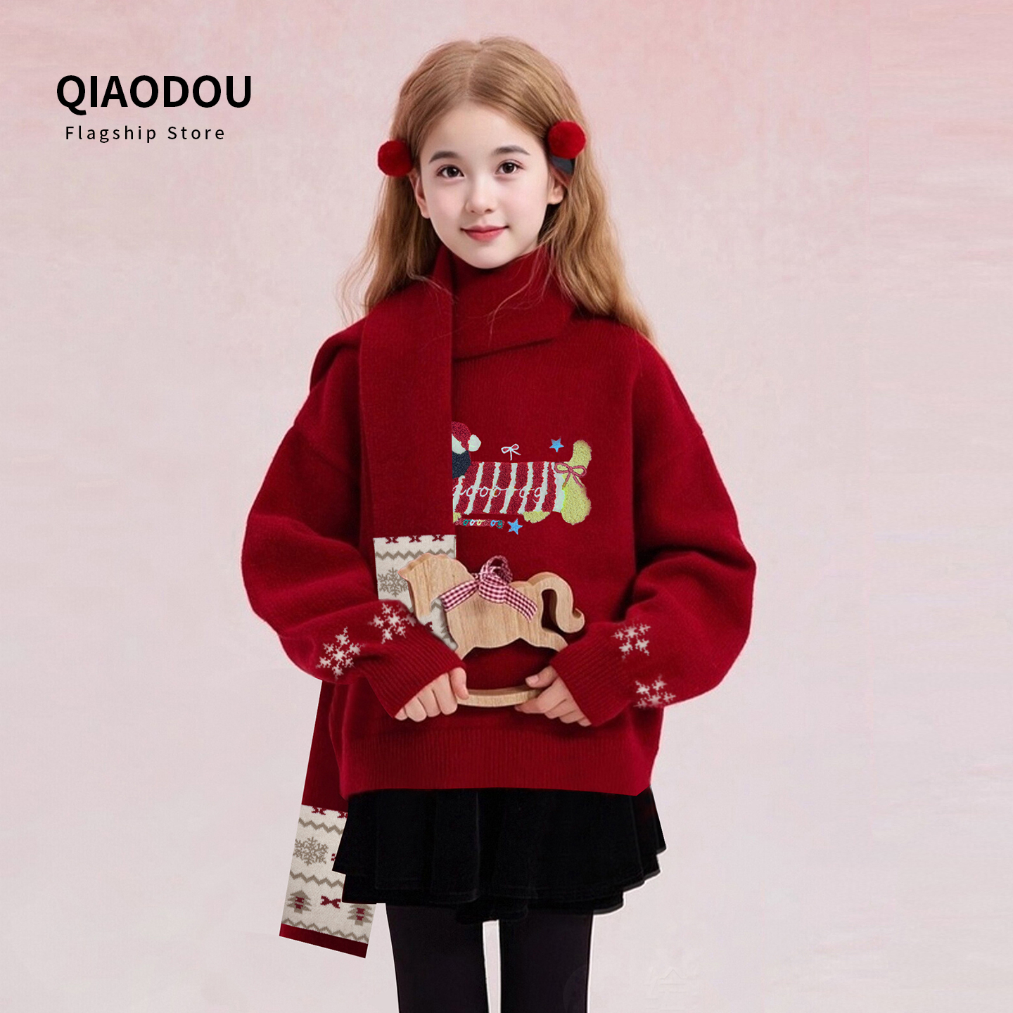 带围巾女童毛衣2025新款秋冬洋气女孩加厚保暖红色新年圣诞毛衣女