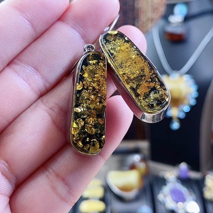 琥珀银S925镶嵌耳饰耳环