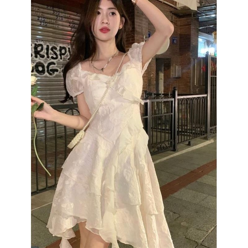 法式初恋仙女不规则白色公主连衣裙女夏季新款收腰海边度假短裙子