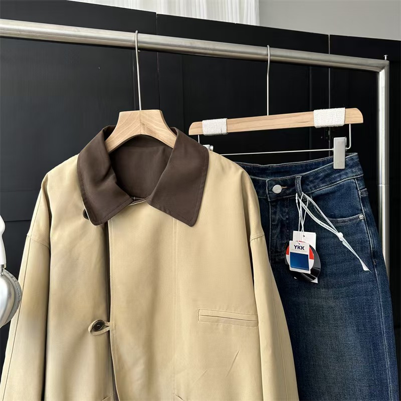 掌柜家新款卡其色格纹撞色韩版设计感2025年新款休闲风衣662