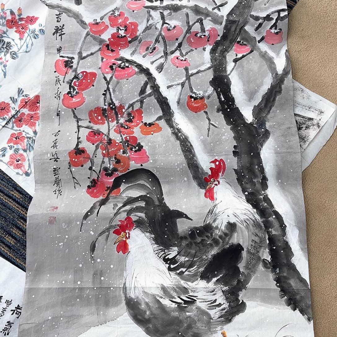 国画师亚兰四尺花鸟朱