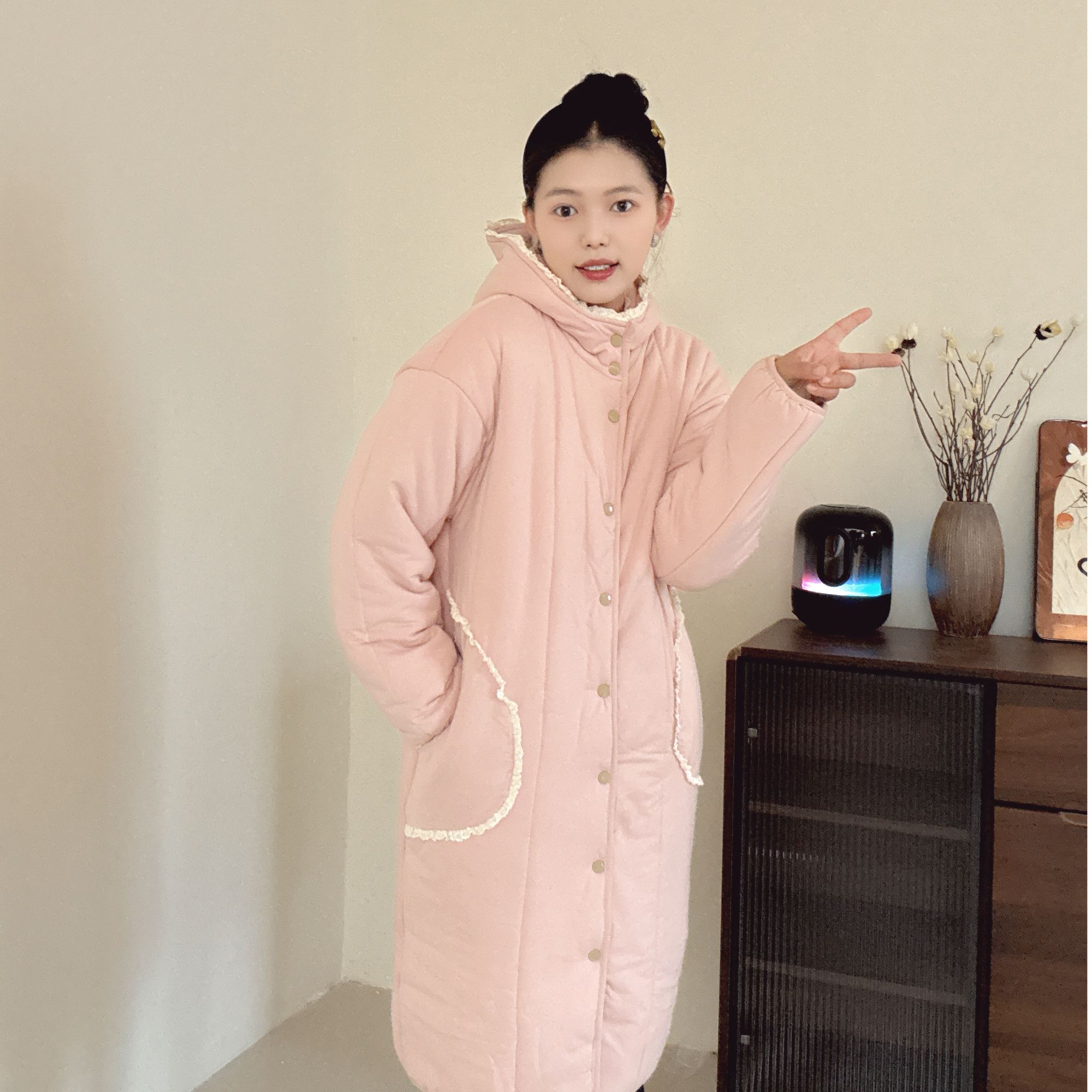 新疆棉【皮粉色】连帽蕾丝直筒大长款家居服睡衣棉衣棉棉袄国风