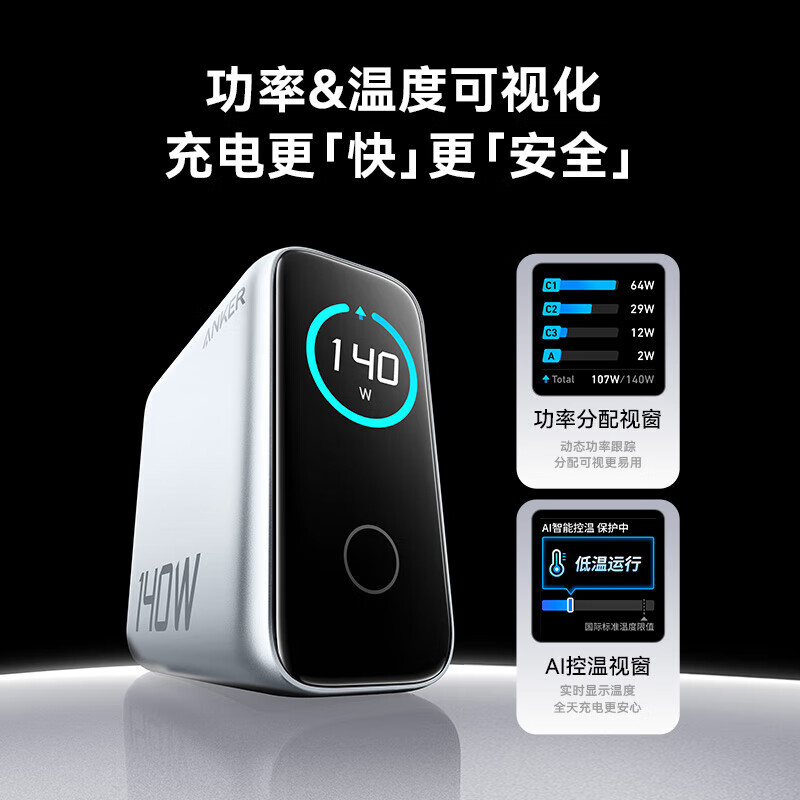 95新 ANKER/安克 140W四口氮化镓充电器屏幕b2697官翻邓