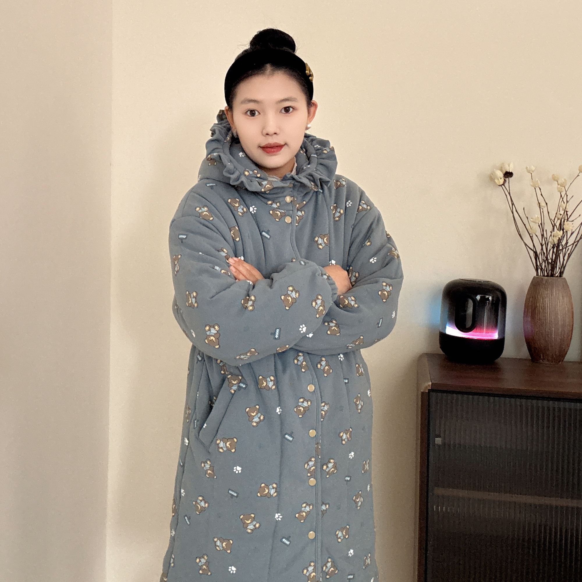 【灰蓝小熊】300克厚度新疆棉收腰花边帽中长款加厚保暖棉衣棉服