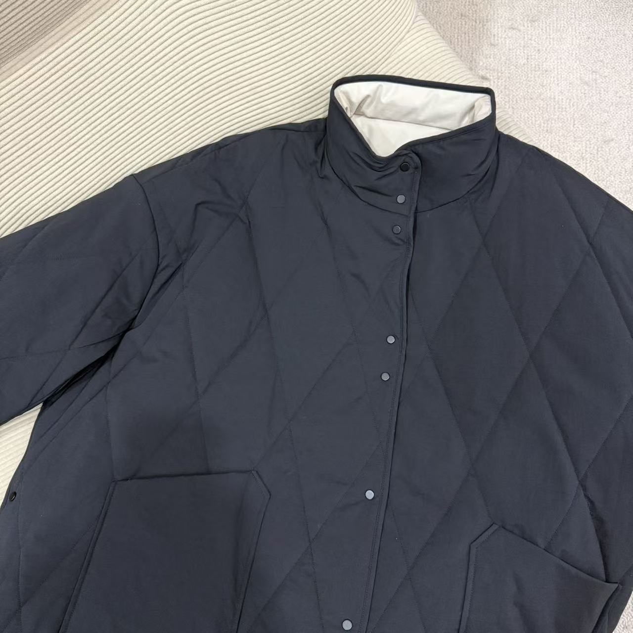 两面穿日系轻盈定制面料中长款菱形格绗缝棉服女