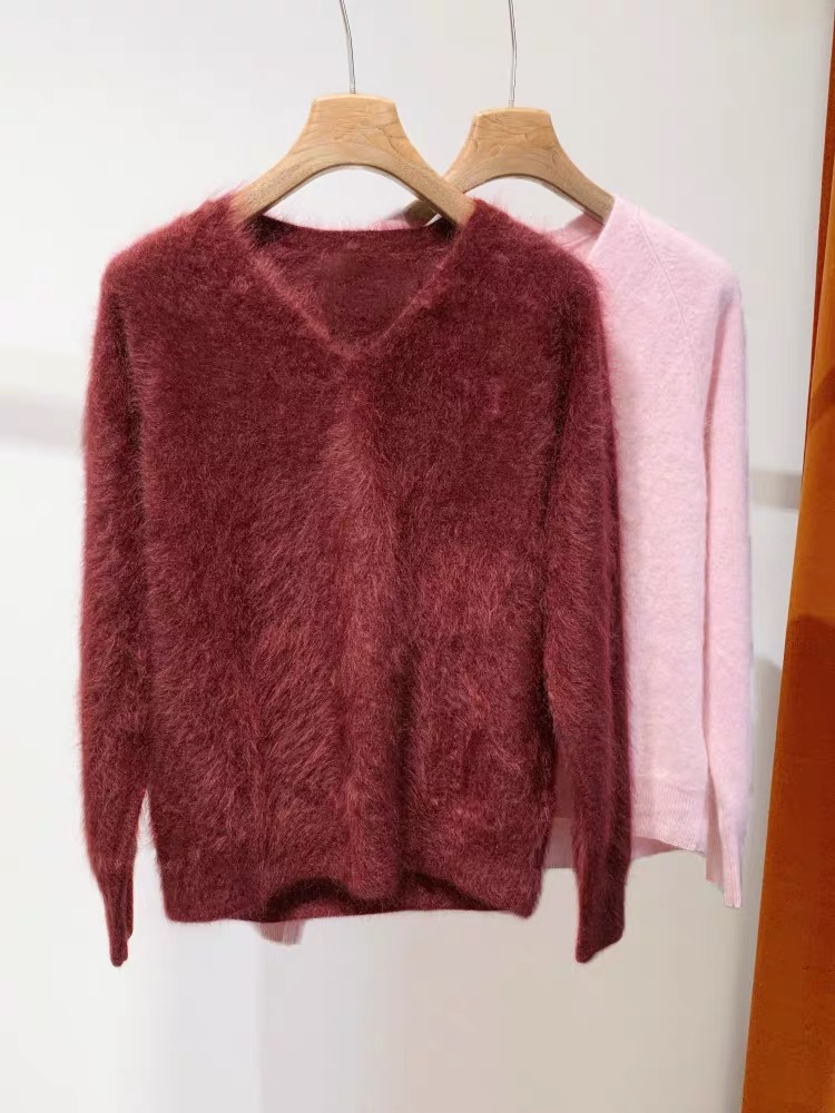 【安哥拉红V领】康赛妮100%纯山羊绒 水中拉毛V领羊绒套头衫