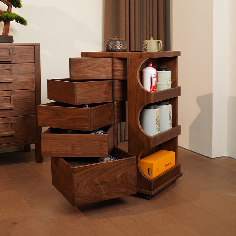 【新品多功能旋转收纳柜】北美黑胡桃木收纳柜茶边柜置物柜新中式