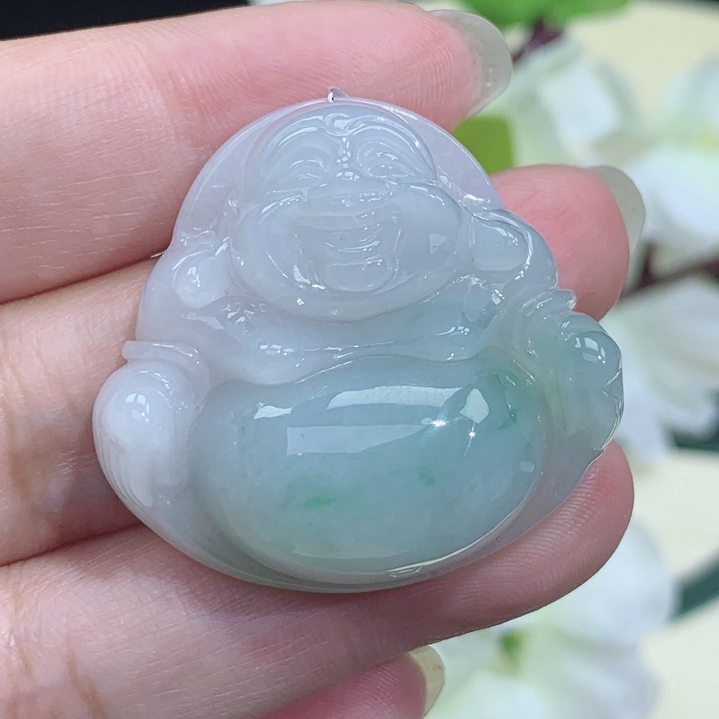 22.65g 缅甸天然翡翠A货 水润飘绿大件厚装佛公吊坠34.4×37×12.2
