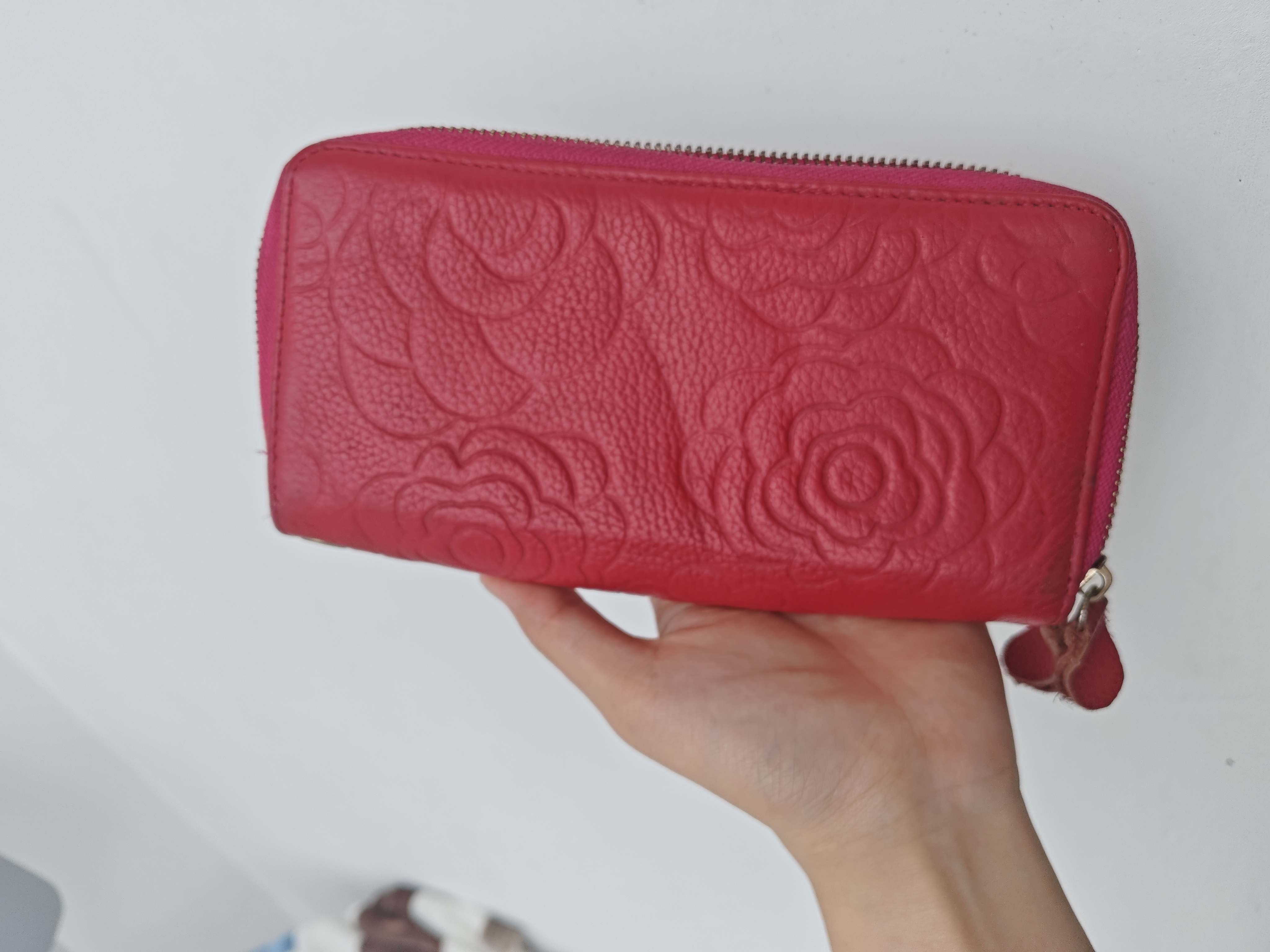 真皮古着钱包卡包 玫瑰红双层拉链多卡位 妈妈长辈用