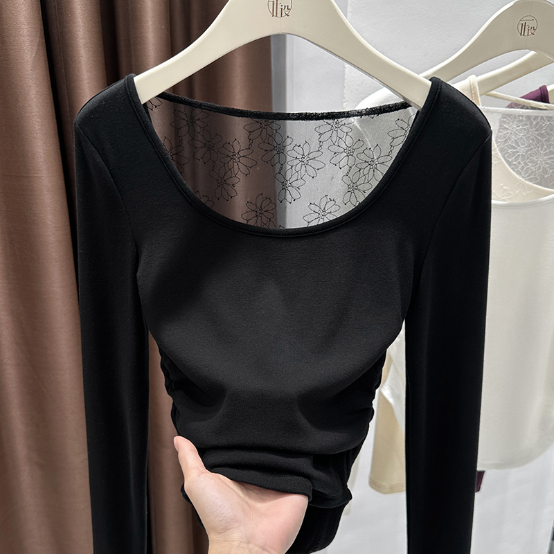 黑色大U领洋气精致上衣女秋季网纱短款时尚长袖打底衫透气舒适女