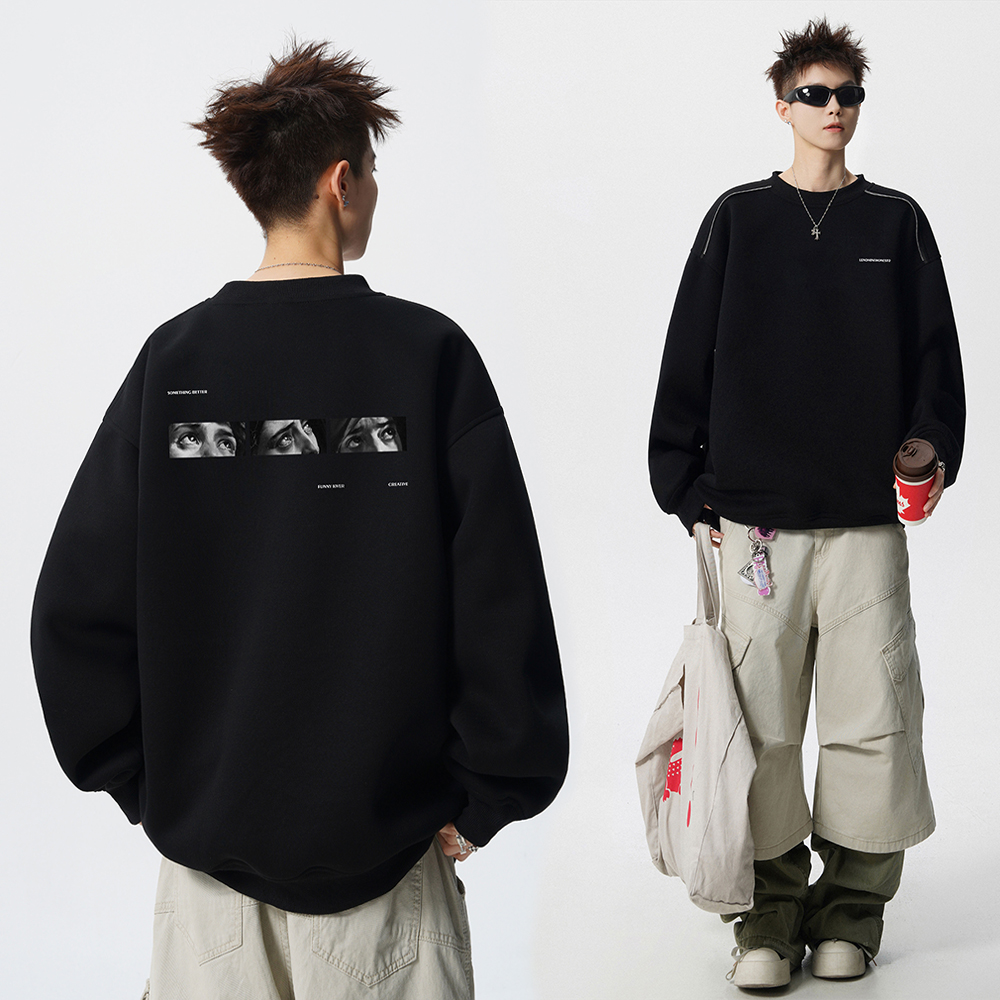 美式潮牌加绒圆领卫衣男秋季潮流设计感情侣上衣宽松休闲百搭长袖