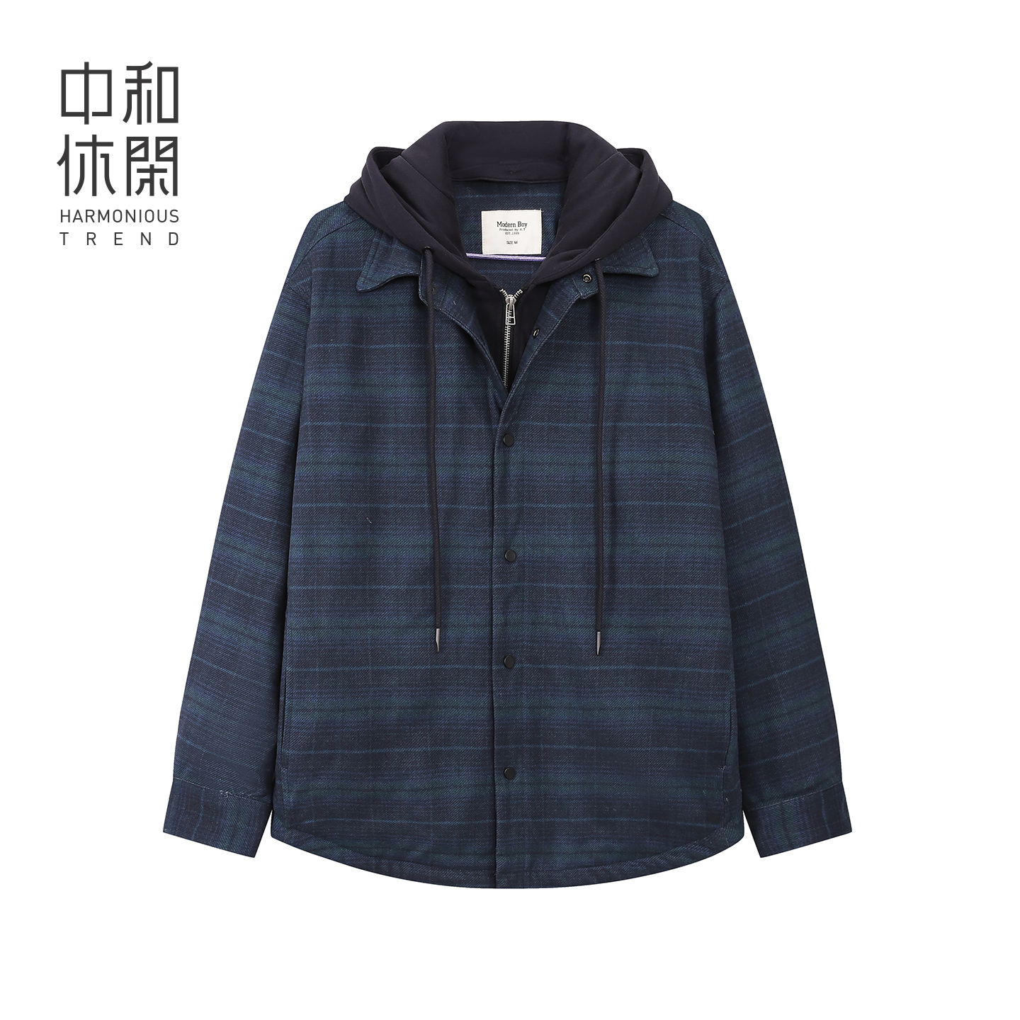 中和休闲连帽羽绒衬衫男25冬设计感宽松假两件格子外套H74306231