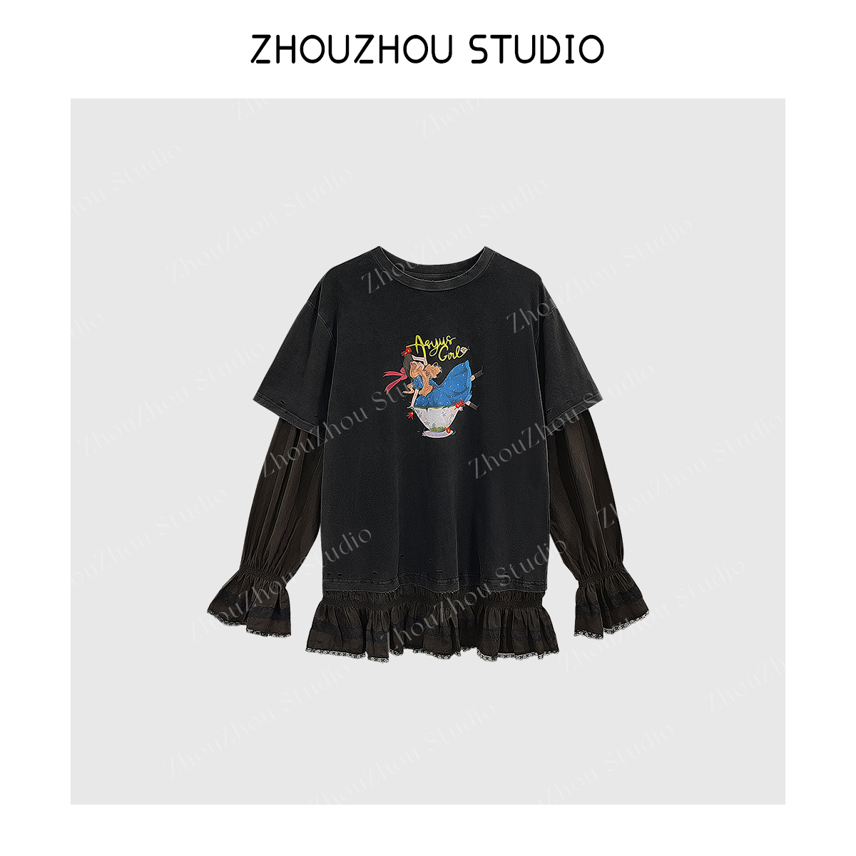  ZhouZhou25秋冬新品 圆领印花拼接蕾丝假两件长袖T恤女
