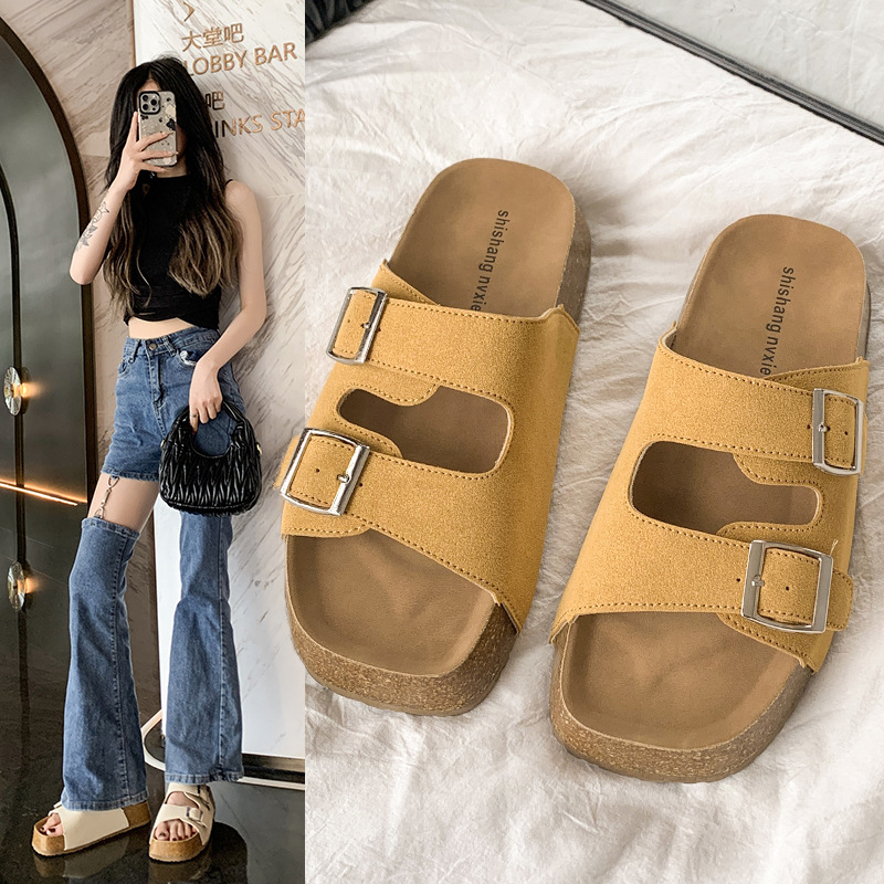 双排扣时尚厚底勃肯鞋女外穿夏季新款懒人一脚蹬沙滩凉拖鞋潮