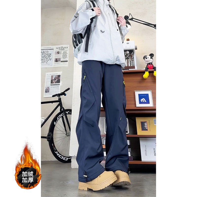 美式压褶中性风加绒加厚防风防水冲锋裤宽松大码直筒工装休闲裤子