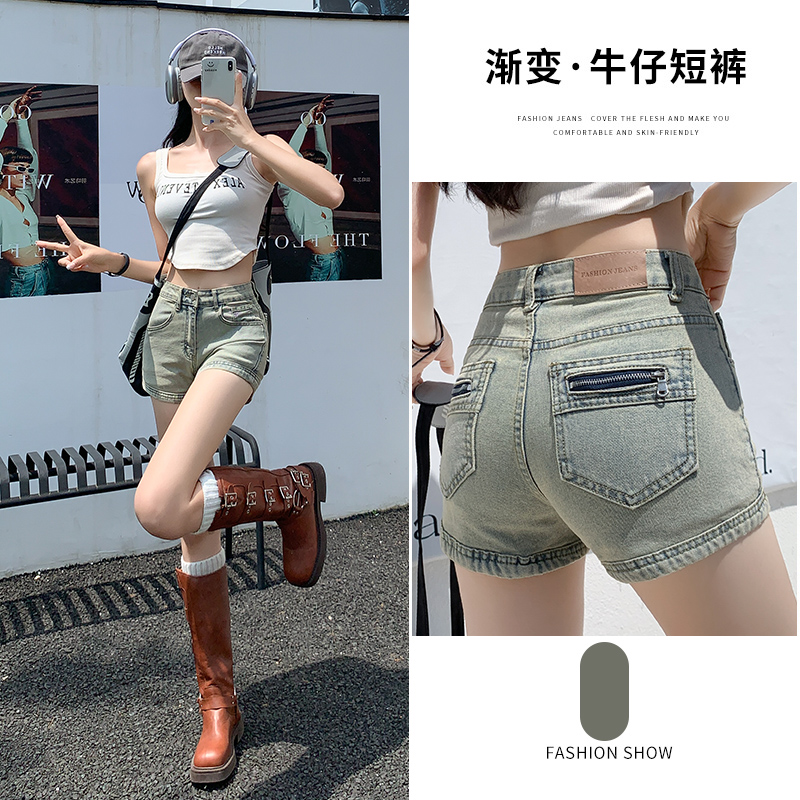 2147#石磨黄弹力高腰夏季女短裤韩版牛仔短裤子紧身韩系A字裤