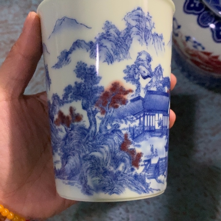 摆件瓷绿稀土青花釉里红山水可乐杯