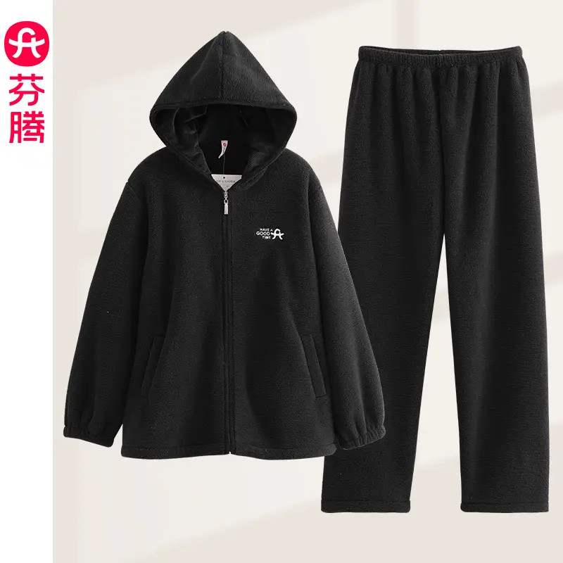 芬腾男士睡衣秋冬季珊瑚绒加绒加厚保暖连帽可外穿大码家居服套装
