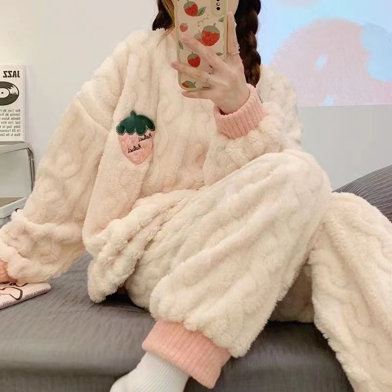 冬天珊瑚绒睡衣女士秋冬两件套可爱学生加绒加厚法兰绒家居服套装