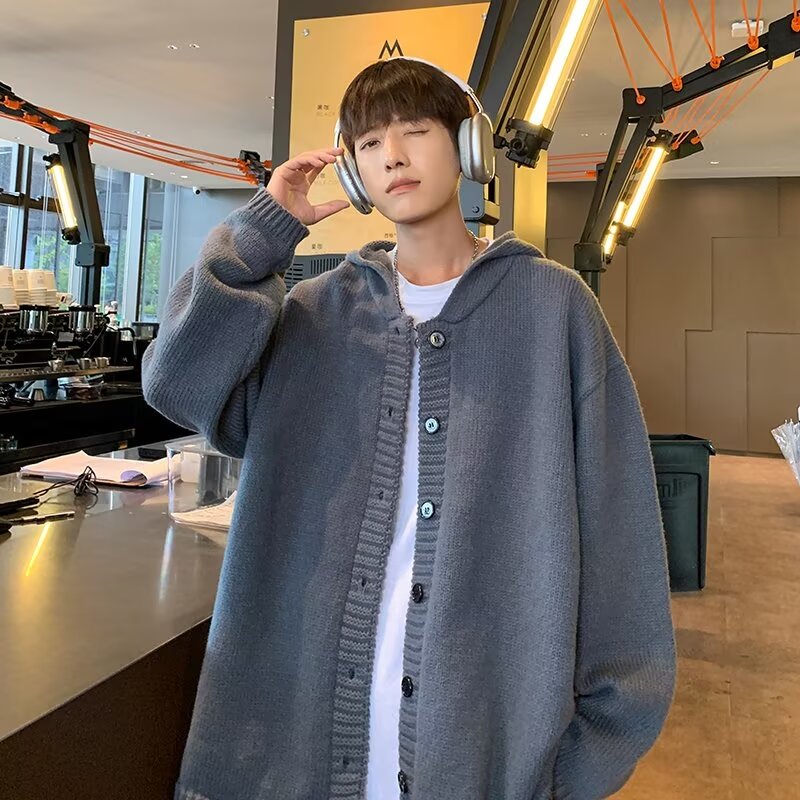 美式复古针织开衫男秋冬潮牌宽松休闲格雷系连帽毛衣外套