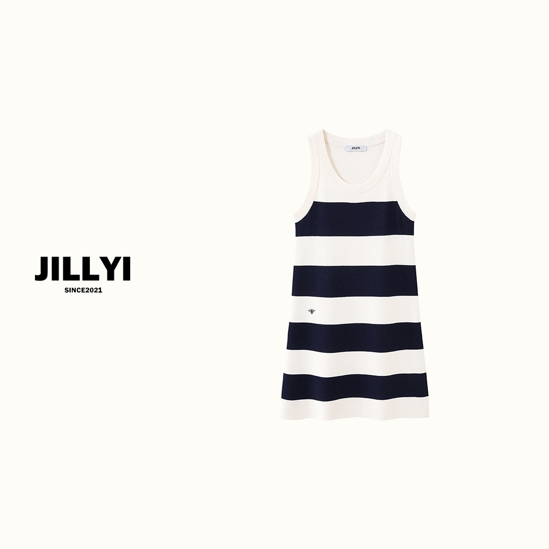 JILLYI南山店【盛夏光年】夏季简约休闲显气质条纹小蜜蜂刺绣连衣裙