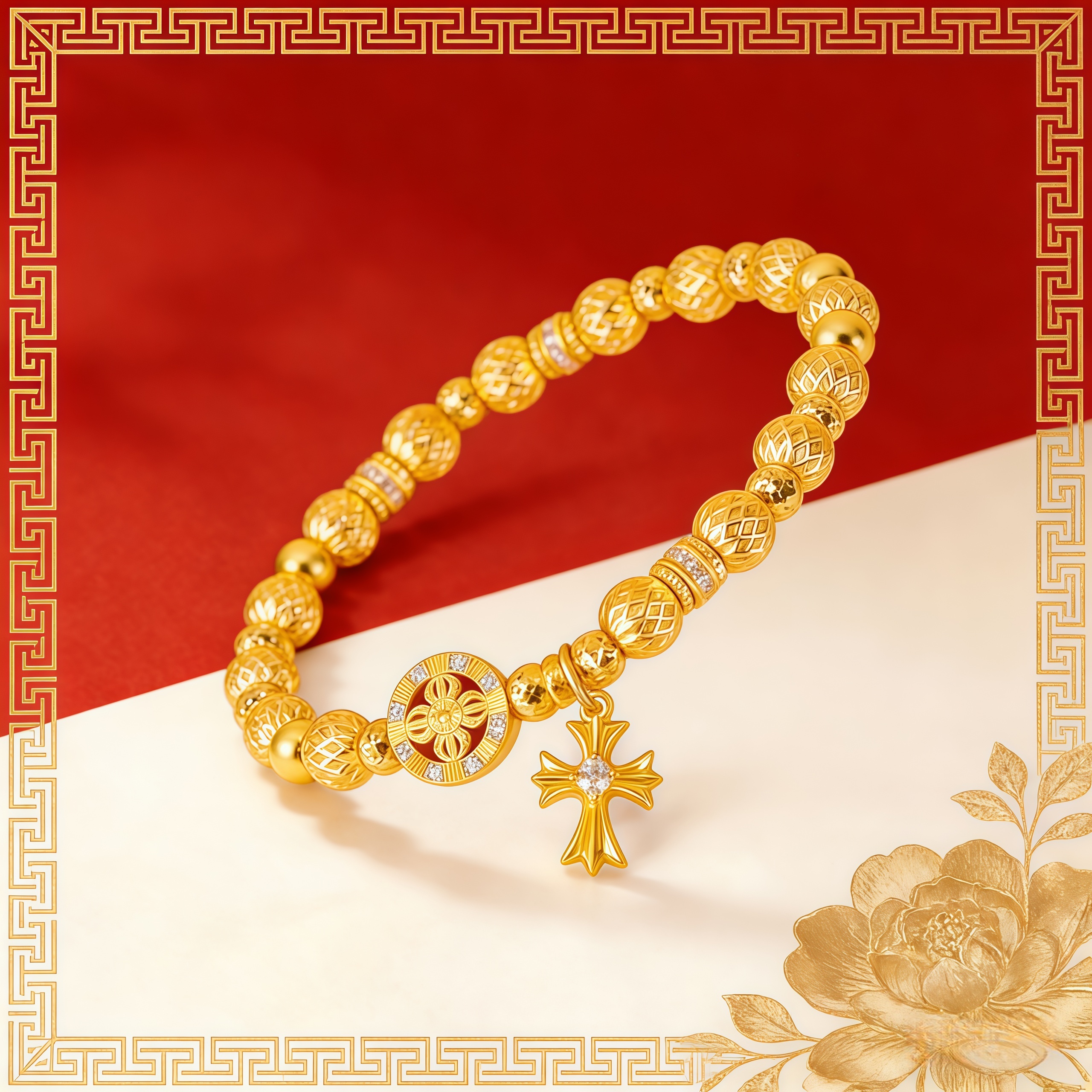 裕润福12期免息 足金克罗心手串复古雕花十字花小众设计叠戴