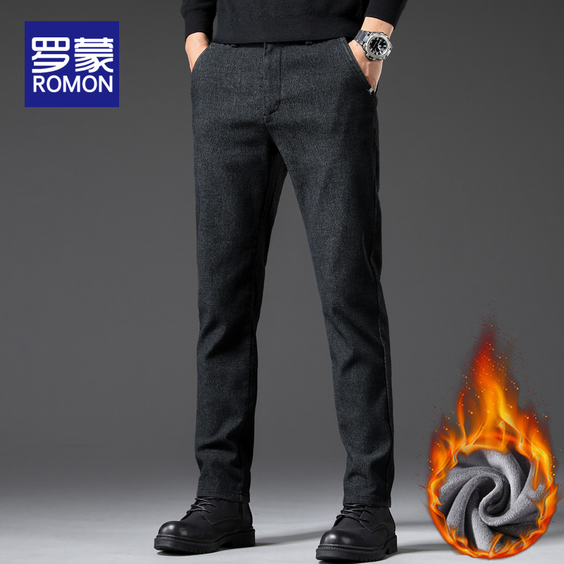 罗蒙男士冬季休闲裤男款2025新款时尚男裤百搭直筒加绒加厚裤子男