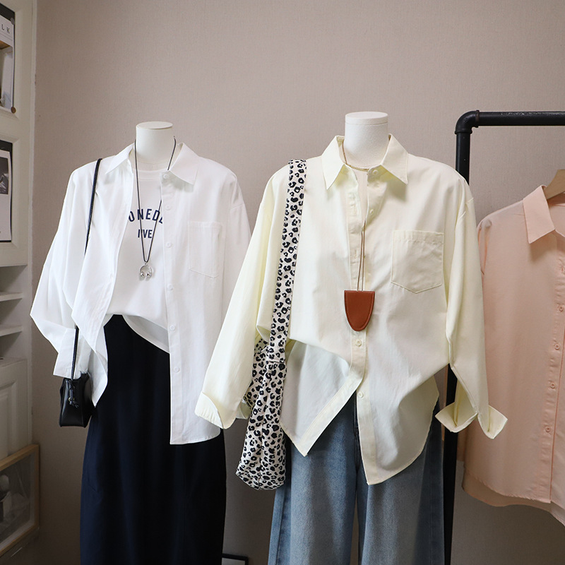 [比正]2026早春新款韩版时尚简约宽松显瘦女式中长款长袖衬衫5784