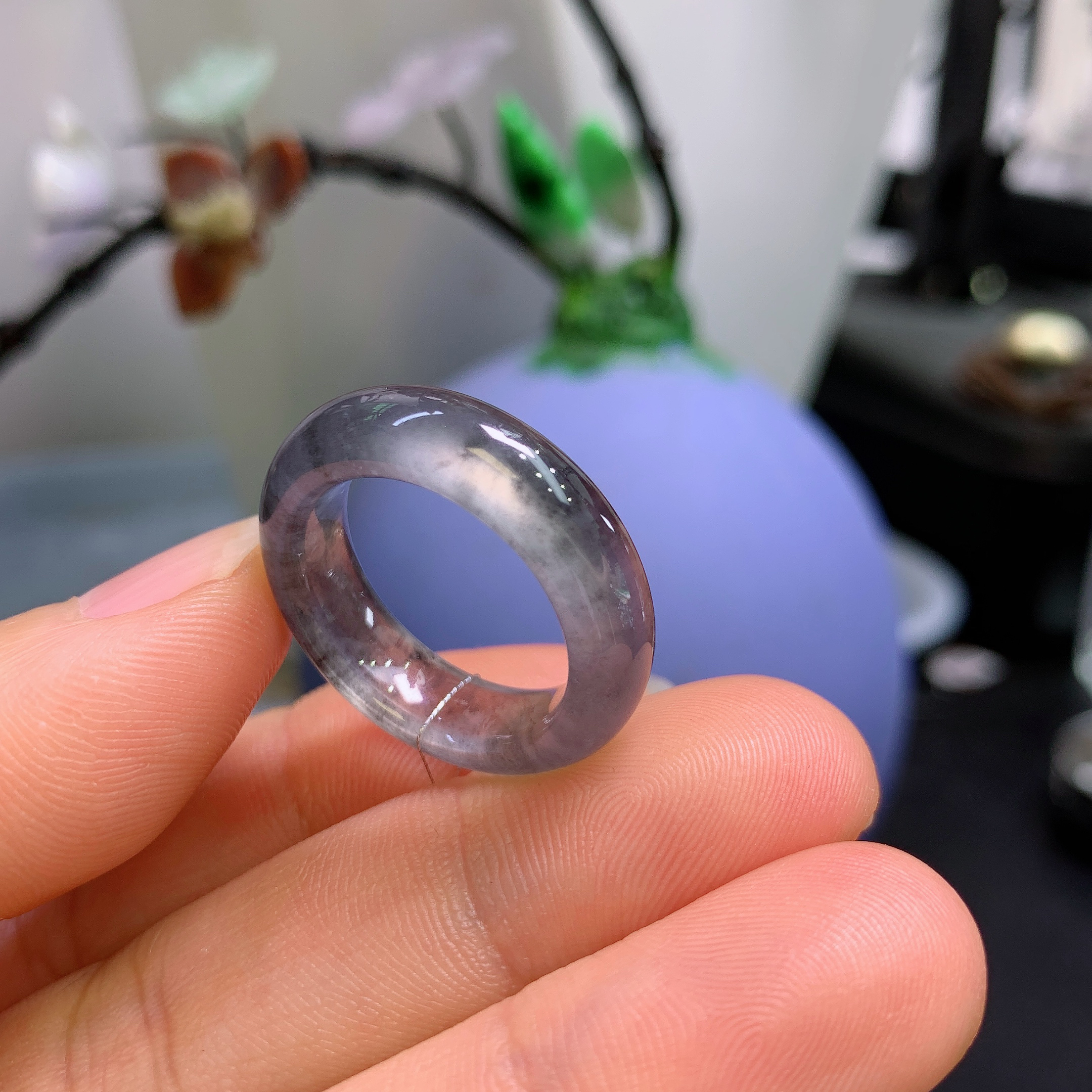 16圈口缅甸天然翡翠A货冰黑钢戒指0521#